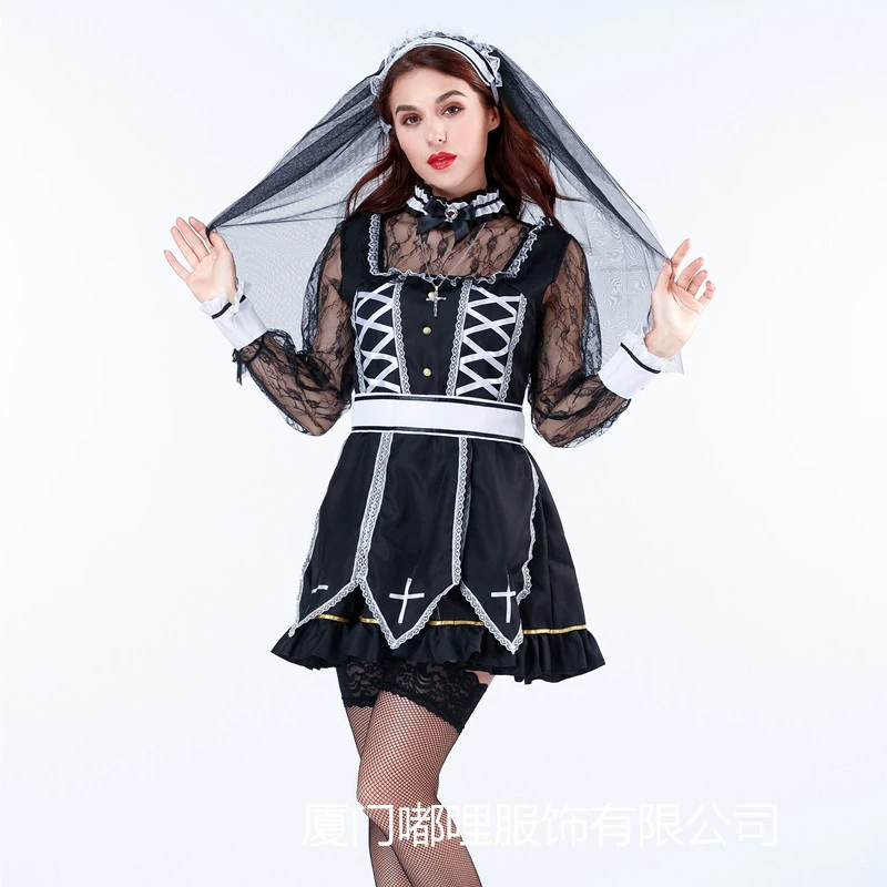 Новый сексуальный кружевной костюм монахини Крест Платья Черная девушка-призрак нежити свадебный костюм для вечеринки на Хэллоуин