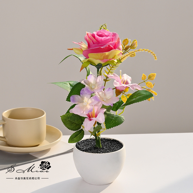 Nuevo producto transfronterizo rosa pequeño bonsai flor de simulación creativa decoración de estudio fotográfico para el hogar decoración planta verde artificial simulación planta en maceta