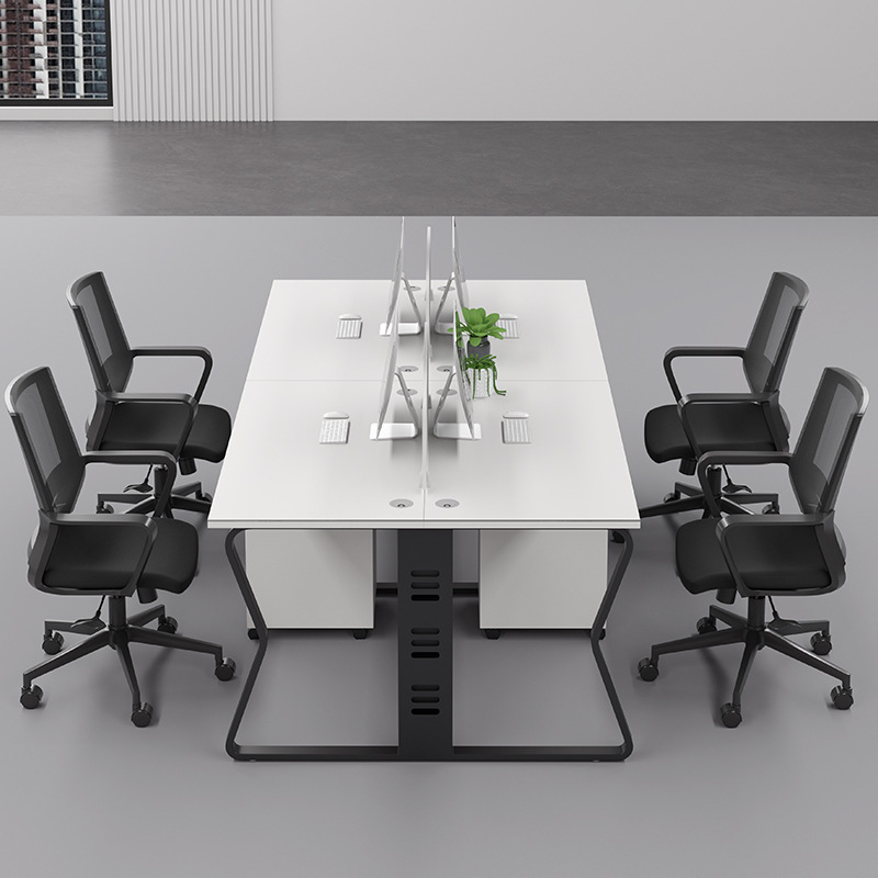 Mesa de oficina de 1 persona simple negro con pantalla de cuatro personas asiento de tarjeta de personal mesa de oficina de personal combinación de sillas