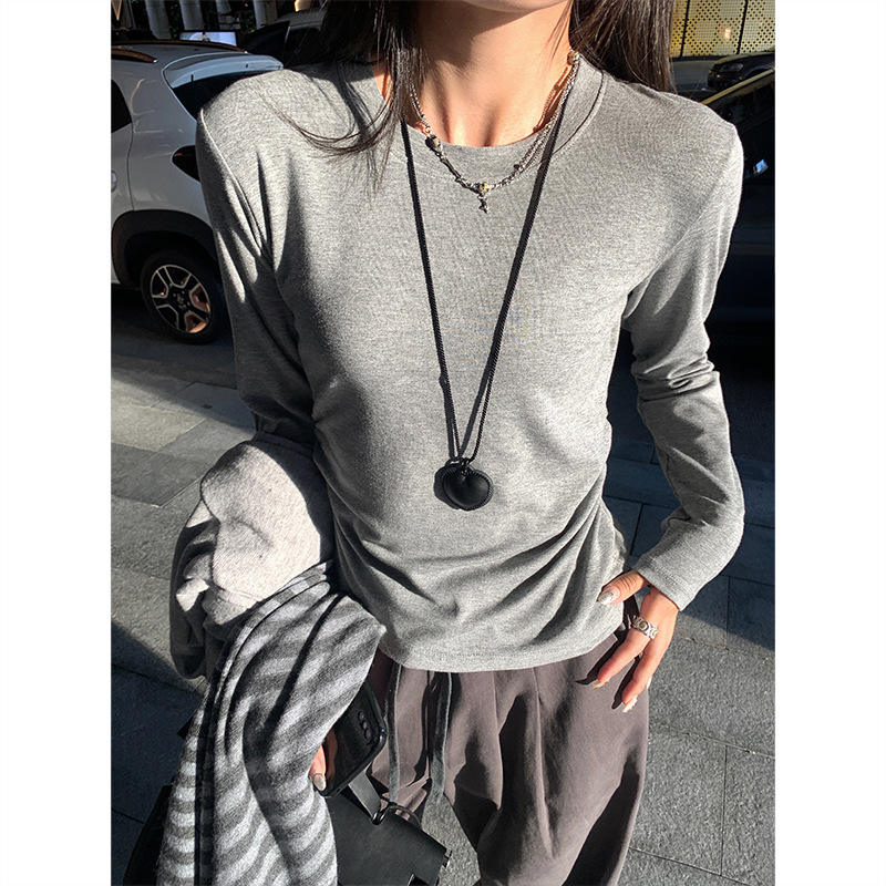 (2개) 블로거 추천 [웨어 앤 테이크 케어] 가을과 겨울 캐주얼 라운드 넥 긴소매 주름진 허리 티셔츠베이스 셔츠의 한국판