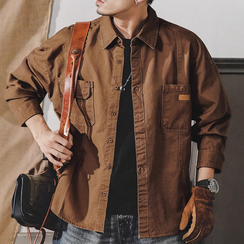 Autumn and Winter Men's Shirt Cotton Vintage Military Workwear Outfit Long Sleeve Shirt Multi-Pocket Tough Guy Hunting Clothes