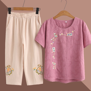 Middle-Aged and Elderly Mothers Summer Clothes 2023 New Suit Cotton and Linen Short-Sleeved Women's Summer Round Neck Grandma Two-Piece Set