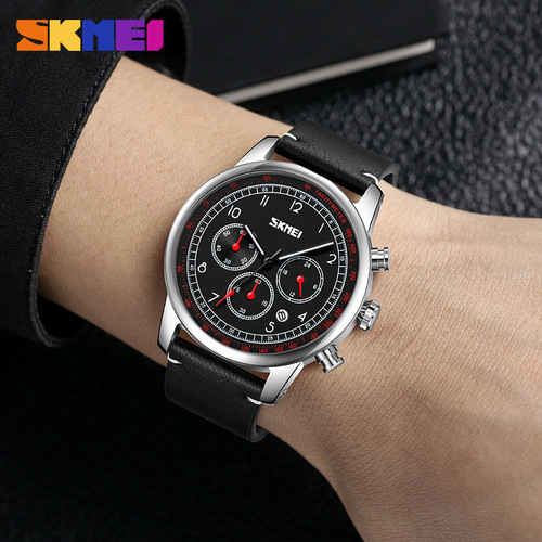 SKMEI Timeless British Style Casual Men's Quartz Watch with Leather Strap, Fashion Business Multi-Dial Men's Wristwatch