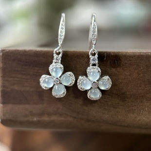 Sihui natural jade dangerous material blue water earrings S925 sterling silver four-leaf clover fashion national style accessories earrings