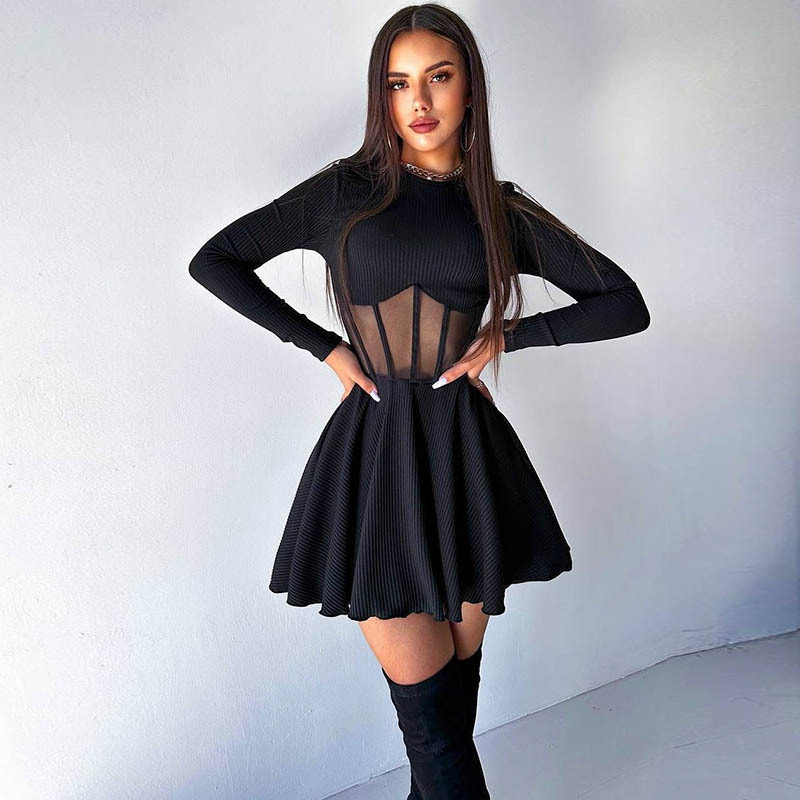 Cross-Border New Women's Clothing European and American Style Half-High Collar Long-Sleeved Fashionable Mesh Splicing See-Through Fishbone Waist-Cinching Short Dress