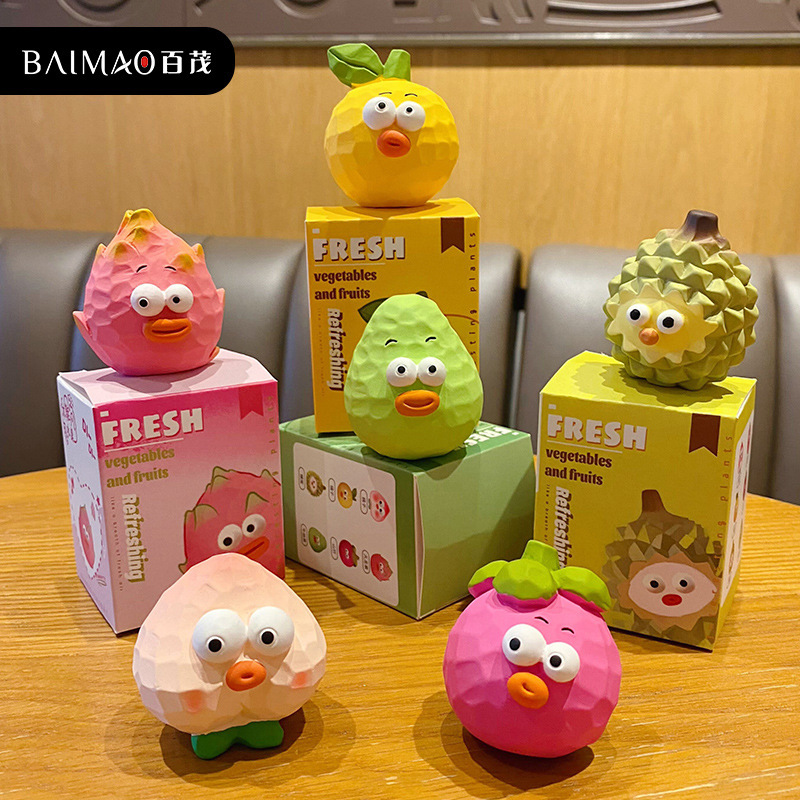Baimao Original Wood Carving Style Vegetable and Fruit Series Resin Ornaments Creative Funny Pop-Eyed Peach Mangosteen Home Decoration