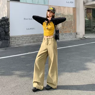 2026美式卡绿色复古弯刀牛仔裤女简约水洗休闲宽松显瘦慵懒阔腿裤