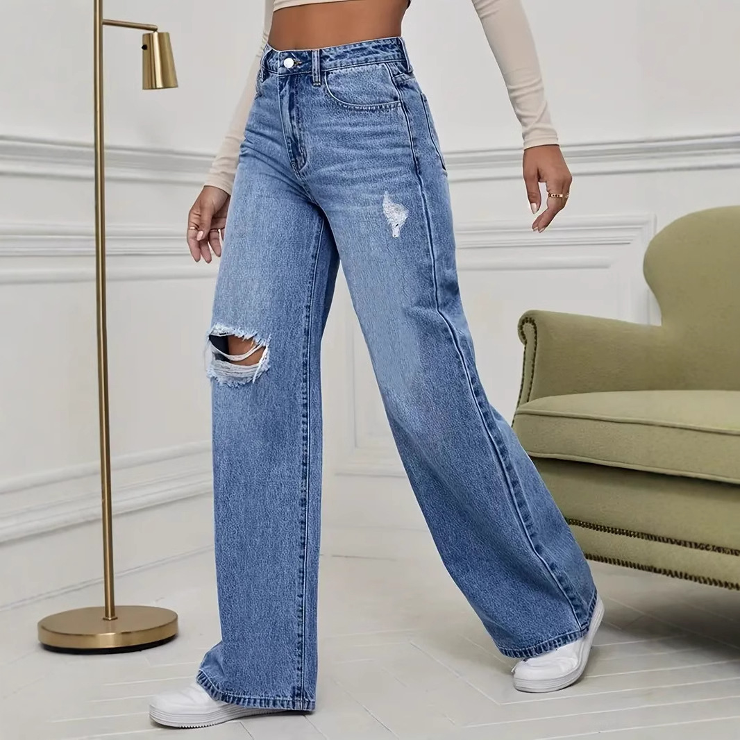 Wide Leg Straight Leg High Waist Floor Pants With Ripped Jeans_ecoleips.com