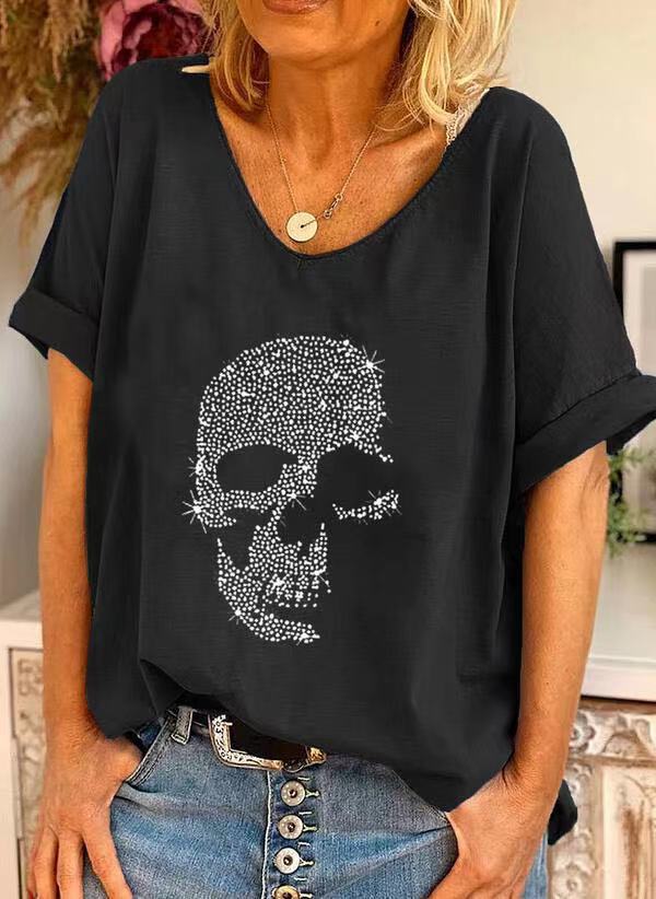 Polyester Fabric Type Regular Top Length T-shirt Tops Type Daily Occasion Wholesale Women'S Hip-Hop Skull Short Sleeve Printing Patchwork T-Shirts