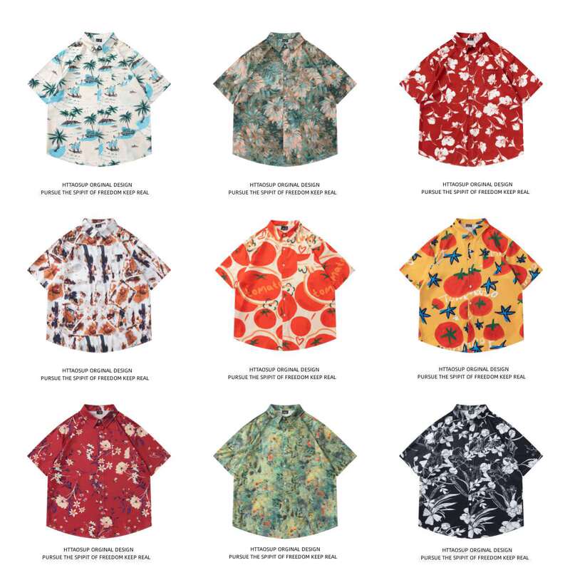 Cross-Border Foreign Trade Harajuku Style Hawaiian Flower Shirt with Fruit All over Print for Lazy Boys and Girls Summer Loose Trendy Brand Shirt