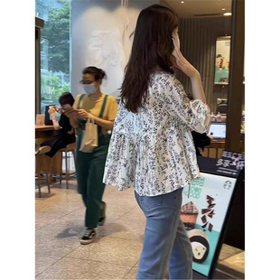 Floral Mid-Sleeve Three-Quarter Sleeve Top for Women Summer Petite Shirt Puff Sleeve Babydoll Shirt French Shirt Chiffon Shirt