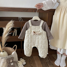 点兮冬季新款婴幼儿绗棉加绒背带连体衣套装宝宝爬服打底衫两件套