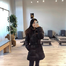 冬季新款科隆同款腰带收腰外套 修身显瘦韩版中长款连帽羽绒服女