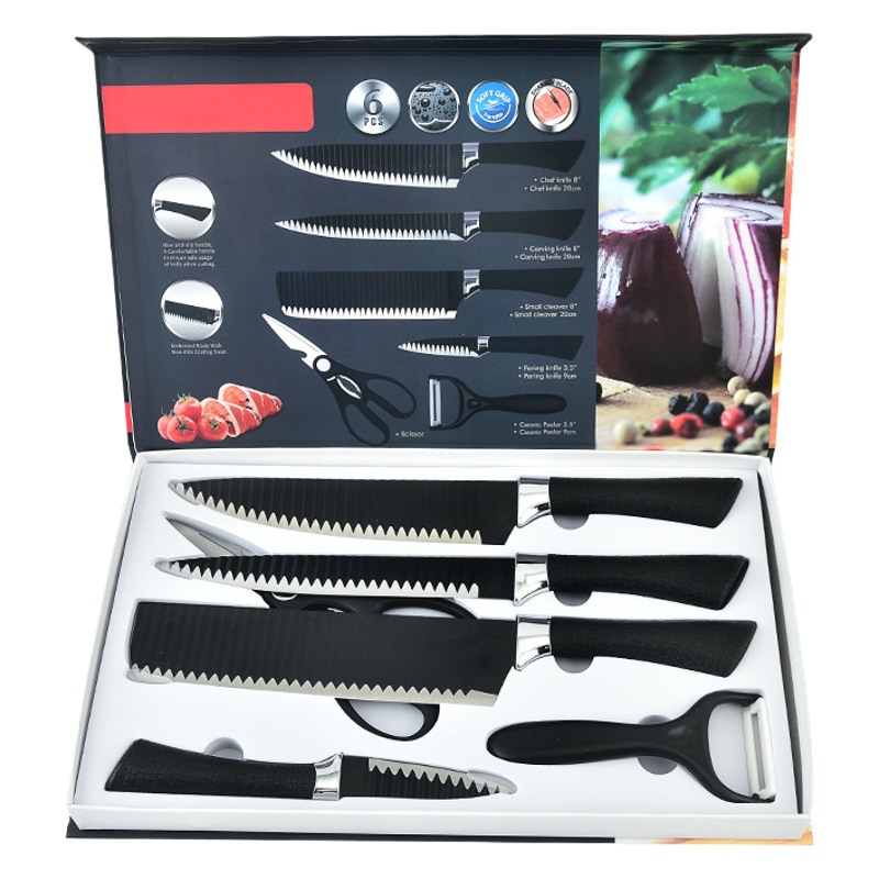 Cross-border Hot Sale 238A Six-piece Knives suit Black Wave Pattern Tie Pattern Not Stick Knives Meat Cutting Kitchen Knives suit