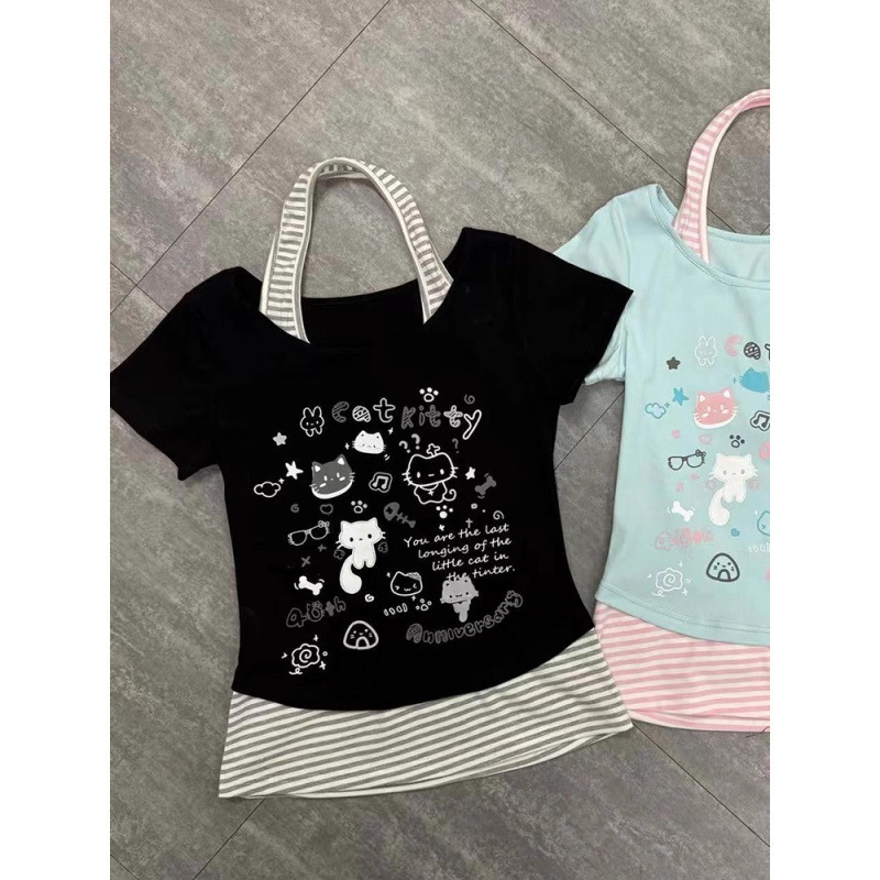 かわいいデザインニッチストライプホルターネックかわいい猫半袖Tシャツレディース夏ホームスタイルスリムフィットショートトップ|undefined