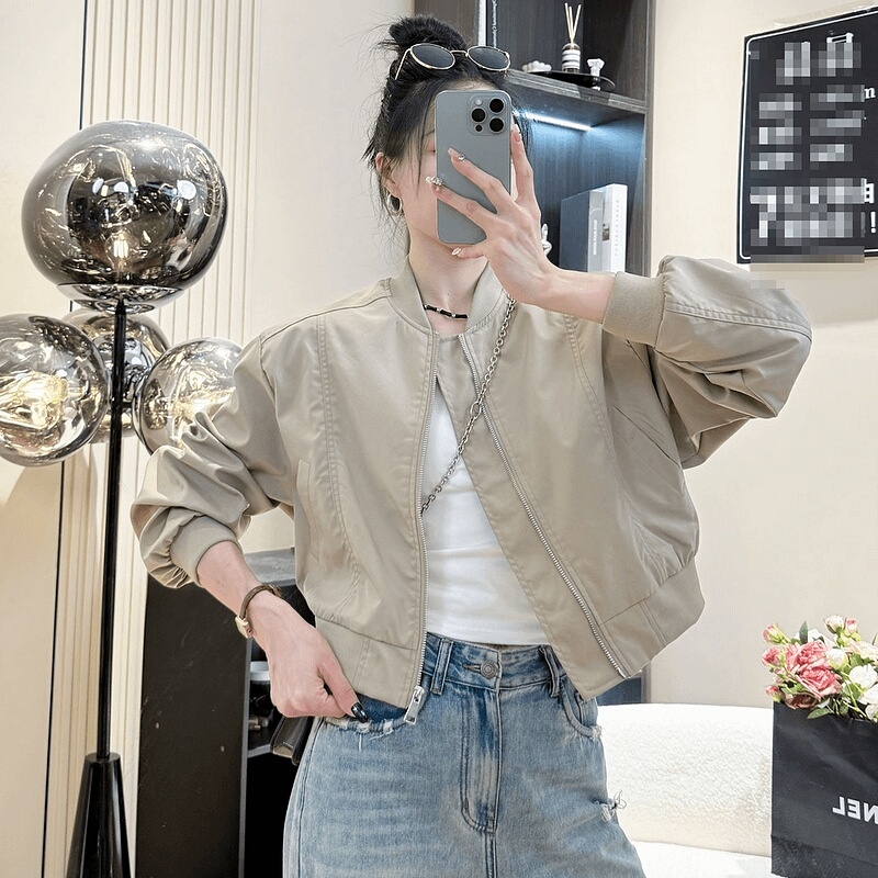 Early Autumn Women's Short Versatile Casual Jacket Top Petite Simple Fashion Stand Collar Baseball Sports Coat Trendy