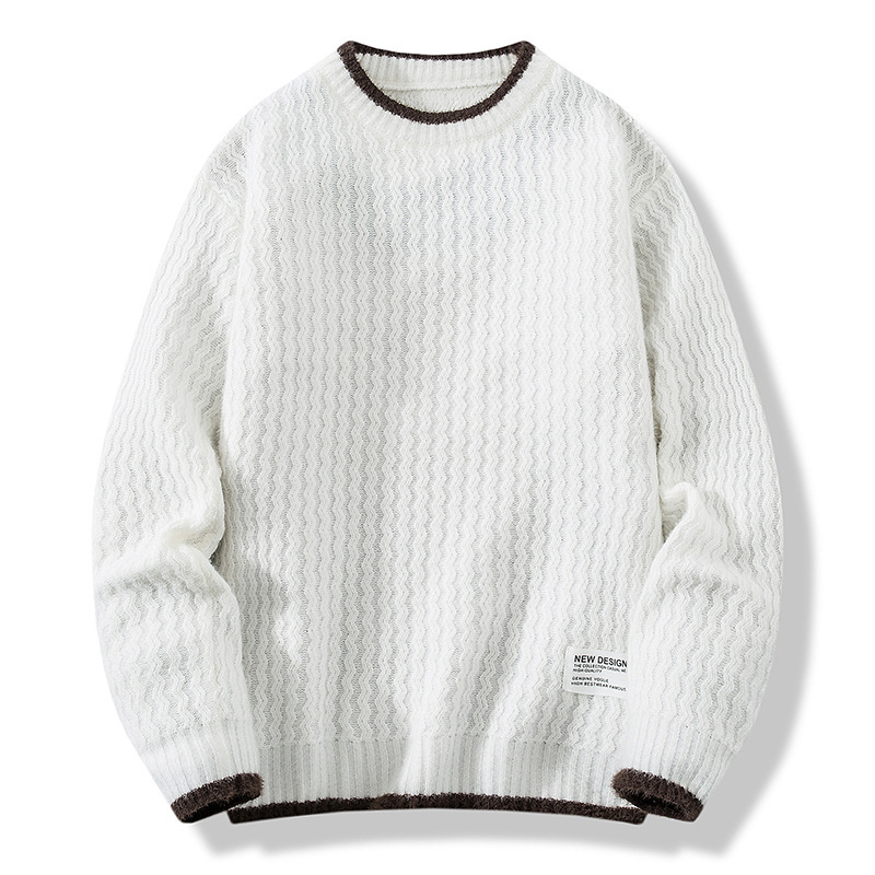 Foreign Trade Men's Autumn and Winter New Pullover Round Neck Color-Blocked Thick-Knit Long-Sleeve Sweater for Teenagers and Men, Warm Knitwear
