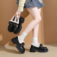 厚底加绒乐福鞋女鞋2025新款秋冬季超火黑色棉鞋保暖毛毛小皮鞋女