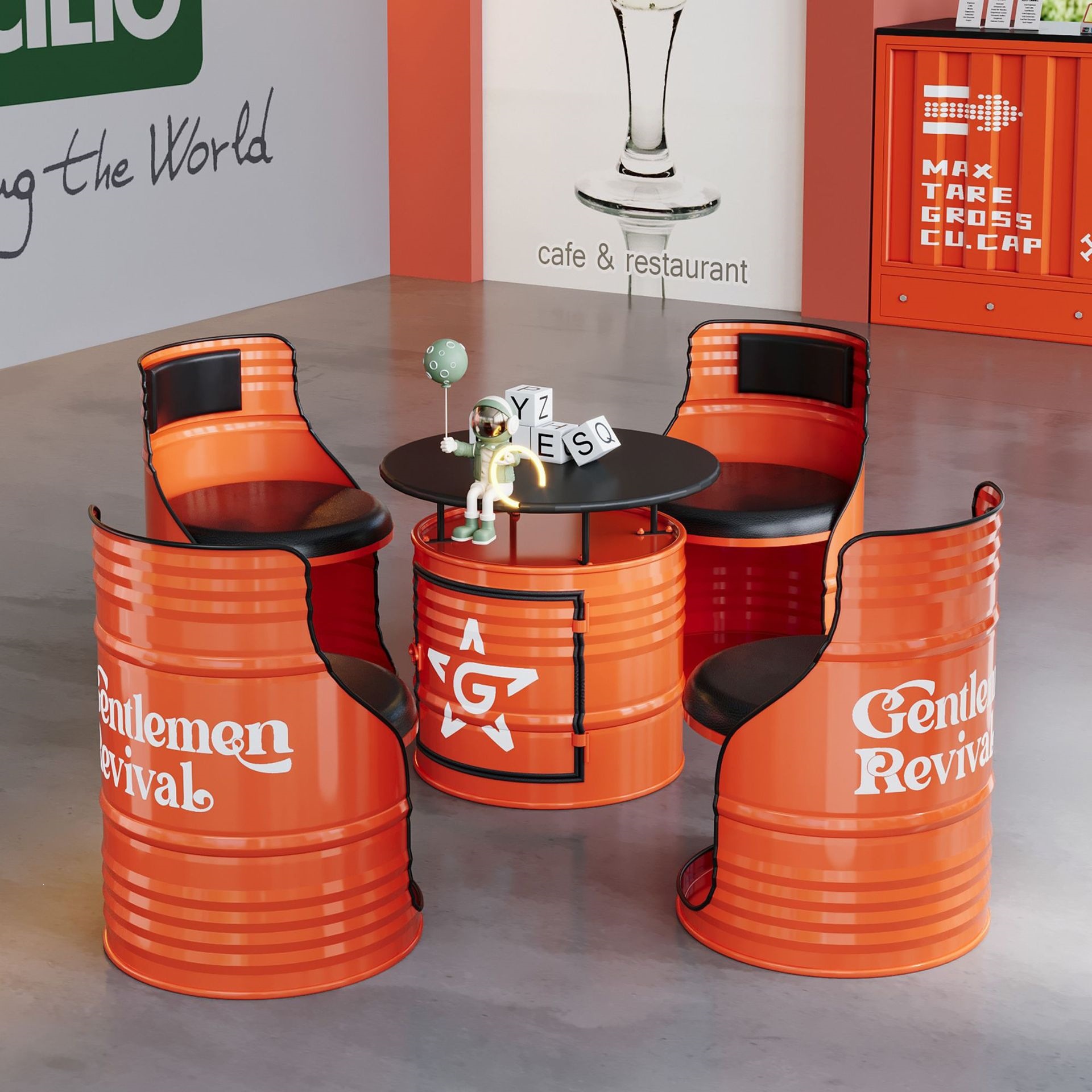 Creative Retro Industrial Style Iron Art Oil Drum Table and Chairs Motorcycle Club Bar Reception Leisure Booth Sofa Set