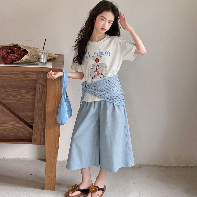 女童夏装百搭新款大童夏季短袖时髦文艺女孩洋气休闲裤运动服套装