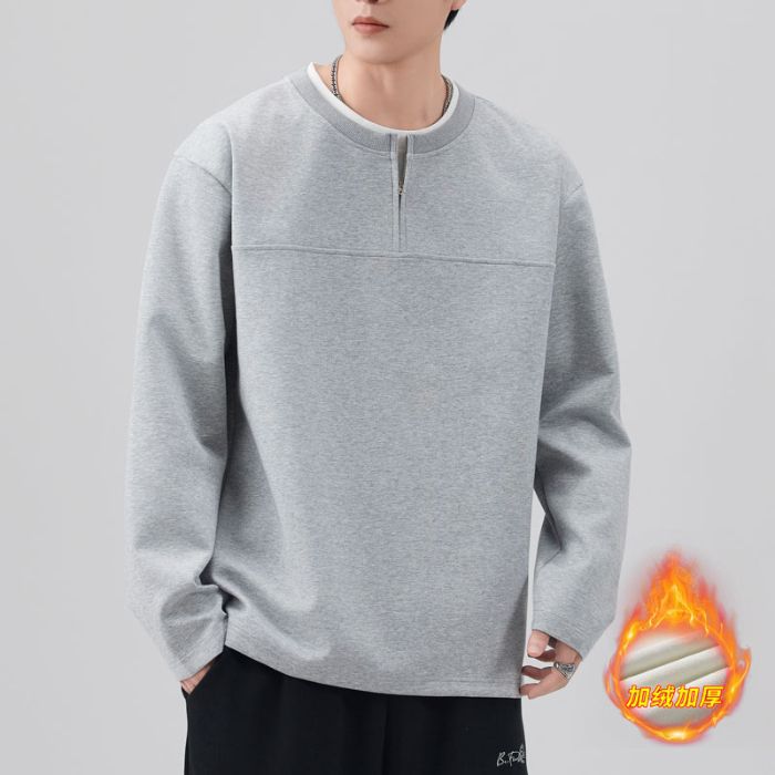 Gray velvet-zipper crew neck