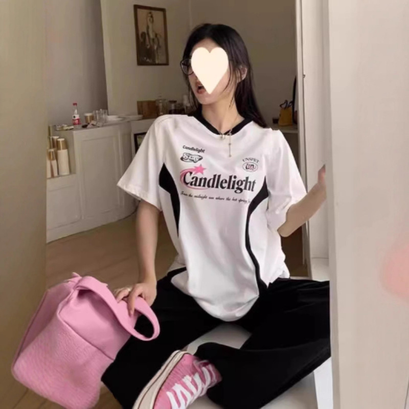 时尚潮牌爆款百搭机车拼色印花短袖t恤女夏季拼接宽松百搭上衣ins|undefined