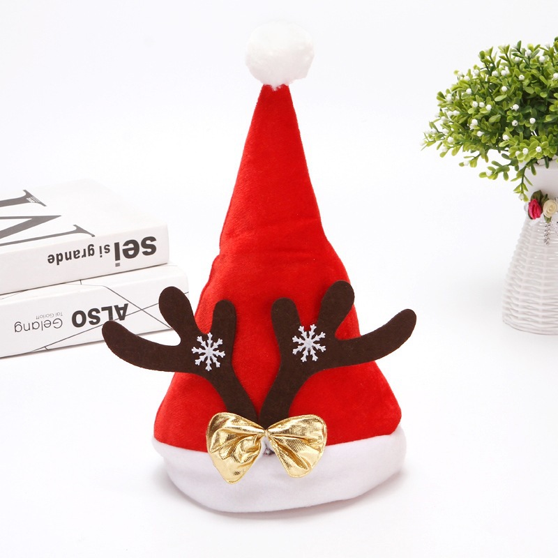 Sombrero de Navidad para niños transfronterizos compuesto de terciopelo de oro + un solo lado arco de polilla tela de polvo dispersa nieve gorra de Navidad de cuerno de ciervo