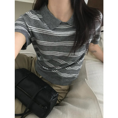 THINK十三行韩系休闲撞色条纹polo衫T恤女2025秋翻领针织短款上衣