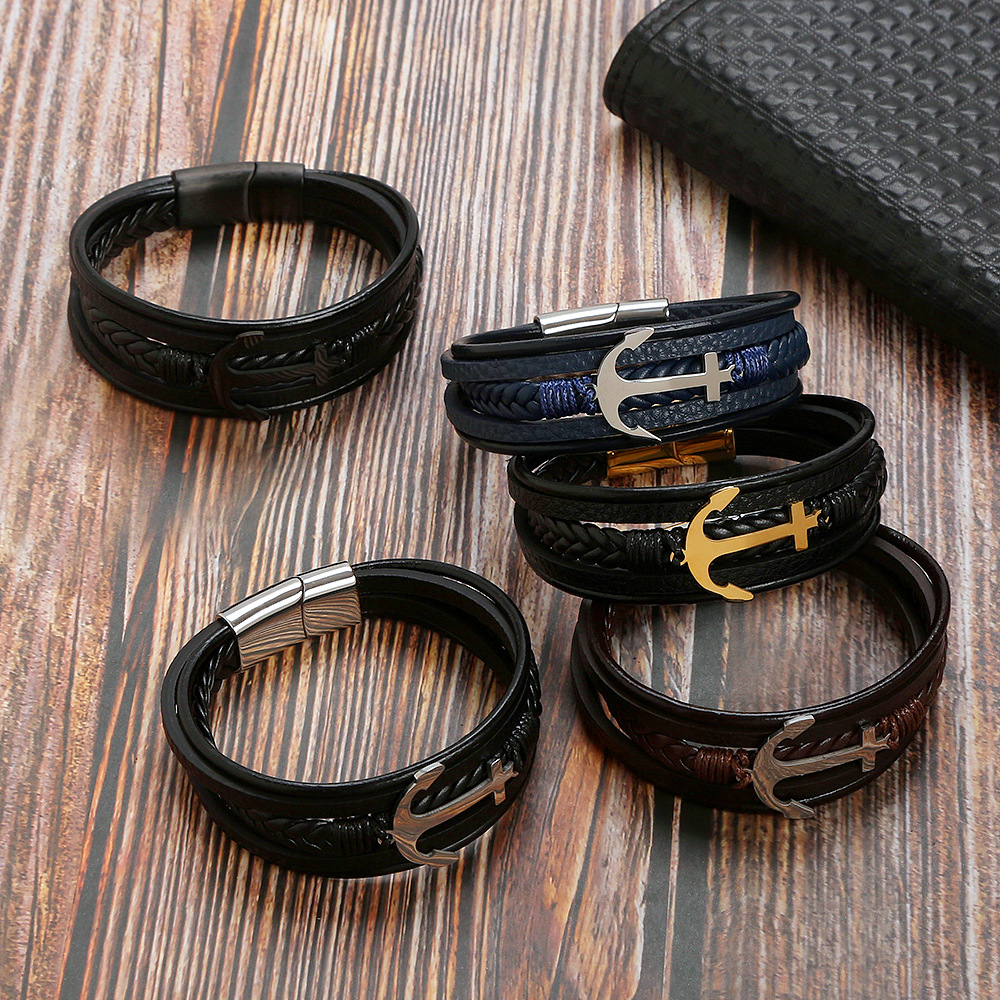 26g Weight 0.03µm Gold Plating Thickness PVD Coated Gold Plating Process 18K Real Gold Plated Plating Material Bangle Classification Hip-Hop Anchor Stainless Steel Pu Leather Braid Water Plating Men'S Bangle Men Cord & Leather Bracelets