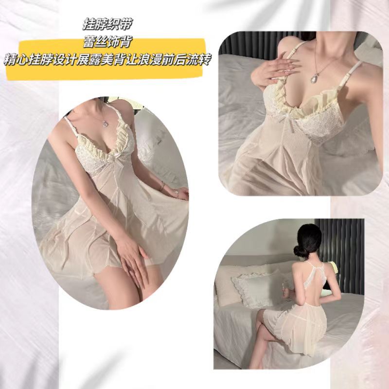 Elan Lace Sling Dress Lingerie Set with Sheer Back and Fishnet Stockings — detail image 3