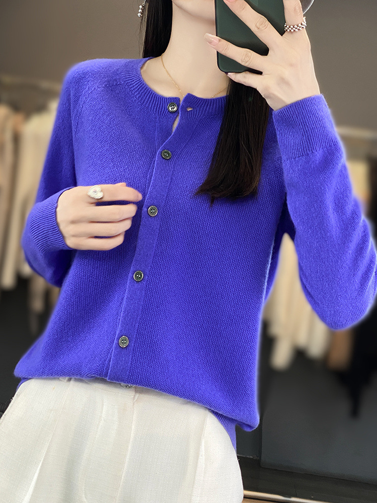 woolen demi-season cardigan with a round collar