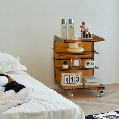 Sofa side acrylic rolling nightstand, movable bedside cabinet, trendy Instagram-style cream-colored small tea table