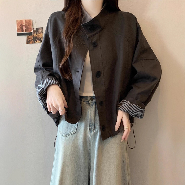 2025 New Autum Stand-Up Collar Short Windbreaker Jacket Plus Size Women's Fat mm Retro Loose Long-Sleeved Jacket Top