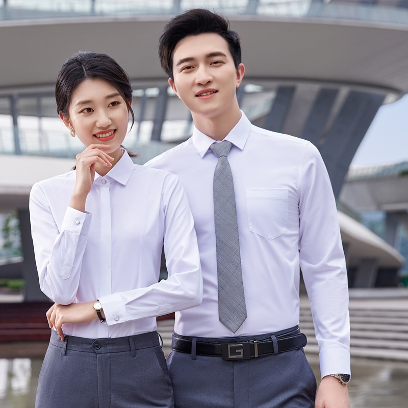 No-Iron Stretch Bamboo Fiber Men's White Long-Sleeved Shirt Real Estate Hotel Professional Work Clothes Same Style for Men and Women