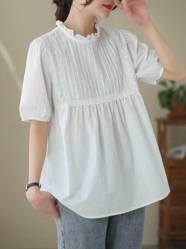 Japanese Style Lacy Collar Organ Pleated Short-sleeved Doll Shirt Women's Loose Solid Color Fresh Cotton Pullover Shirt Trendy