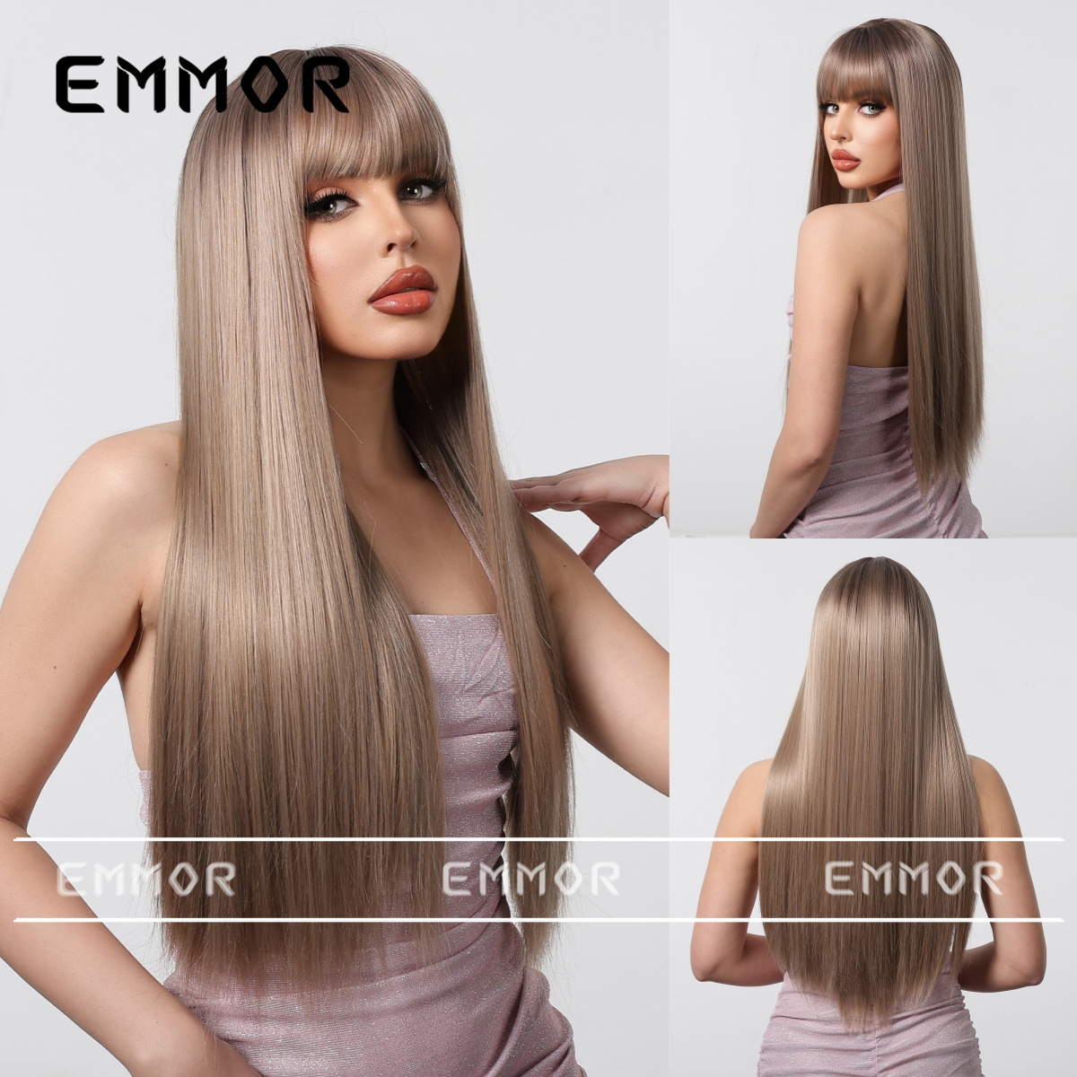 Nuevo producto de estilo europeo y americano, flequillo completo, cabello largo y liso color champán, peluca elegante de diosa, fibra sintética para toda la cabeza.