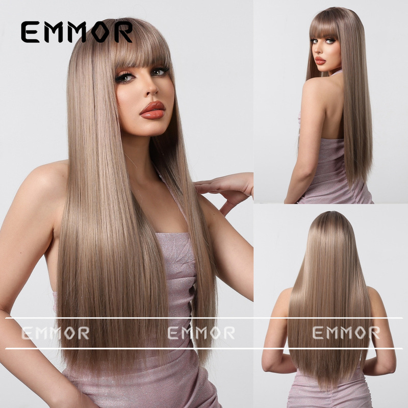 Cross-Border European and American Style New Product, Full Bangs, Champagne Brown Long Straight Hair, Elegant Goddess Wig, Synthetic Fiber Full Headpiece