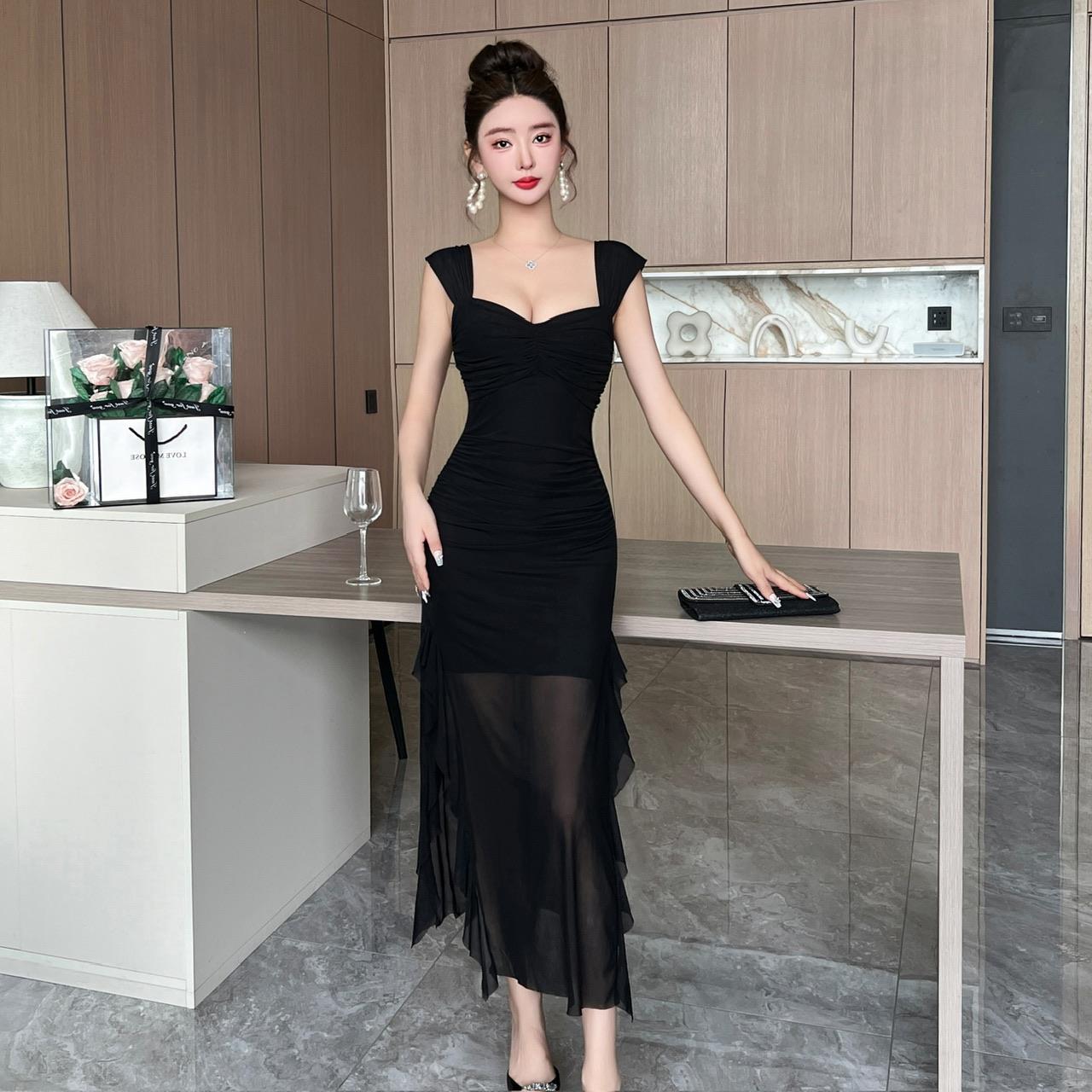 Banquet Dress, Ladylike Elegant, Sexy Suspender, Slim Slit Long Skirt, Nightclub Mesh Dress for Women