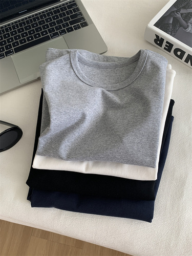Slimming Round Neck Regular Shoulder Women's T-shirt 2024 Summer New Basic Matchable Solid Color Cotton Base Short Sleeve
