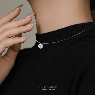 纯银隐形鱼线莫桑石项链女锁骨链人鱼精灵的眼泪吊坠单钻森系颈链