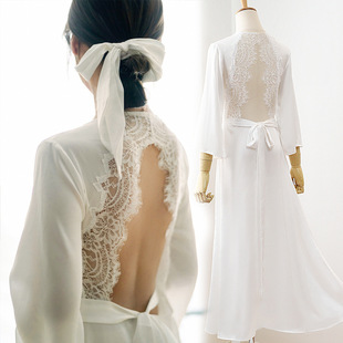 Early Autumn New Morning Gown Back Hollow Lace Edge Slim Dress Elegant Sexy Women's Bridal Morning Gown Backless