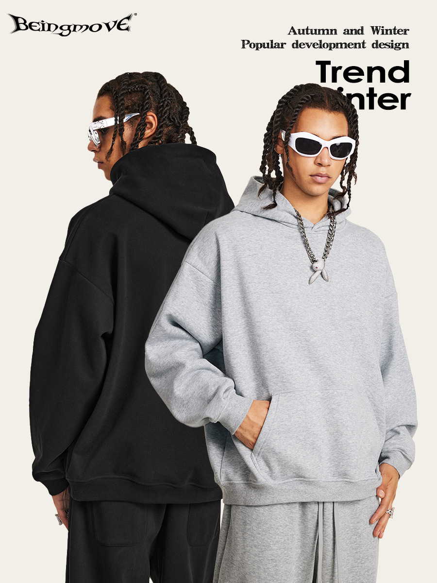 Sudadera con Capucha para Hombre, Estilo Básico Holgado, Color Sólido, Forro Polar de 420G, Antipelusas, Marca de Moda Transfronteriza Europea y Americana, Otoño/Invierno 2025