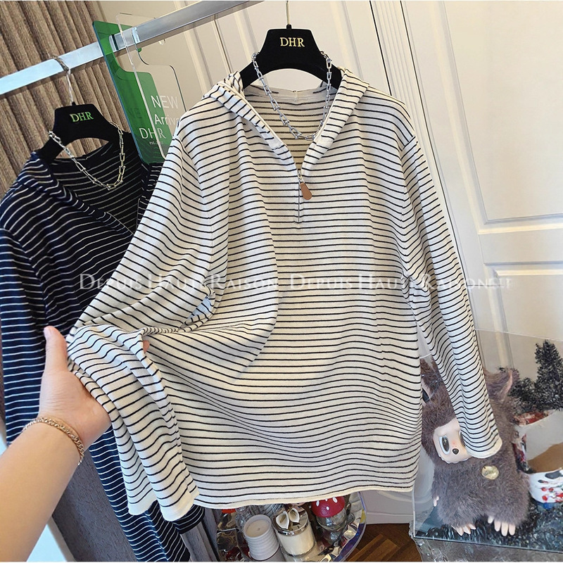 New Korean-Style Comfortable Slimming Versatile Loose Casual Pullover Base Shirt Striped Lace Hoodie