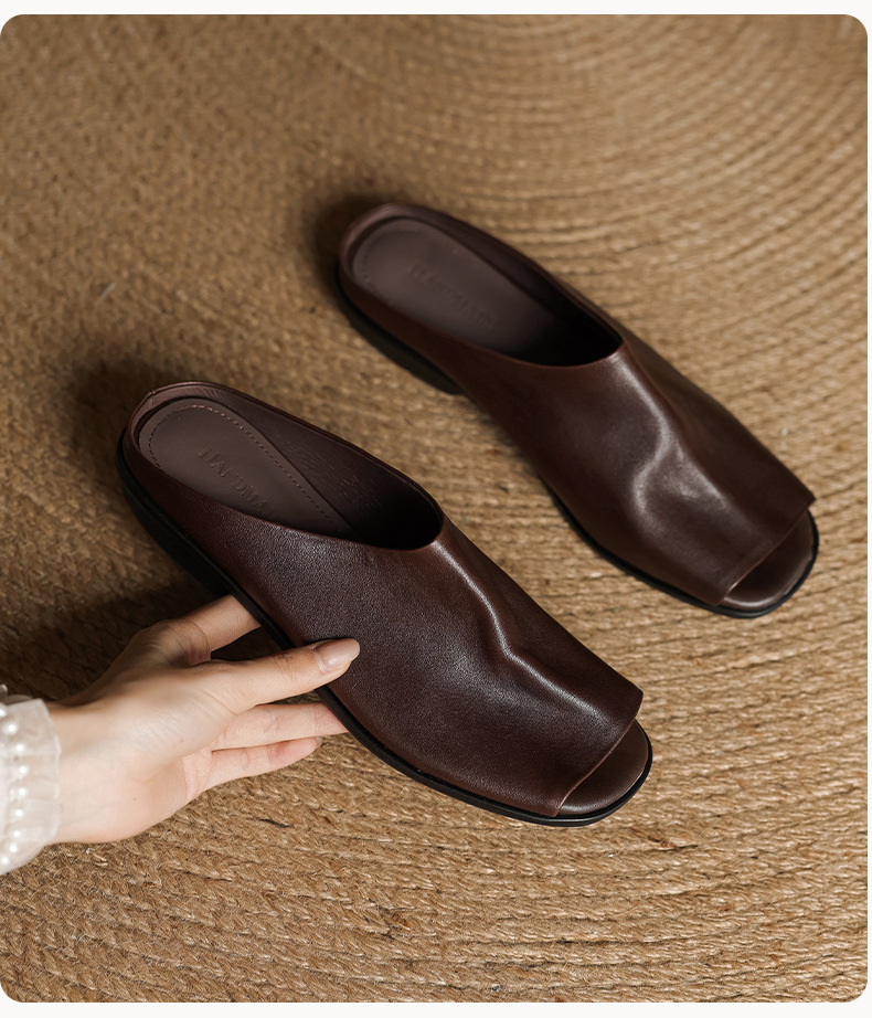 Dép xỏ ngón nữ da bò thật gót dày đi ngoài trời — màu nâu chi tiết 9