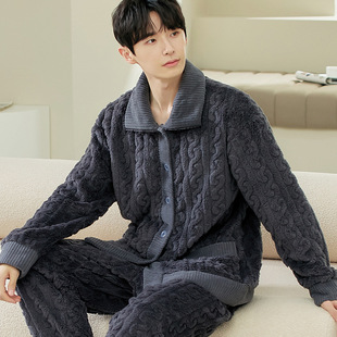2025 Pajamas Men's Winter New Thickeneded Autumn Double-Sided Coral Velvet Mid-Collar Home Clothes Comfortable Cotton Velvet Large Size Men Can Wear Outside