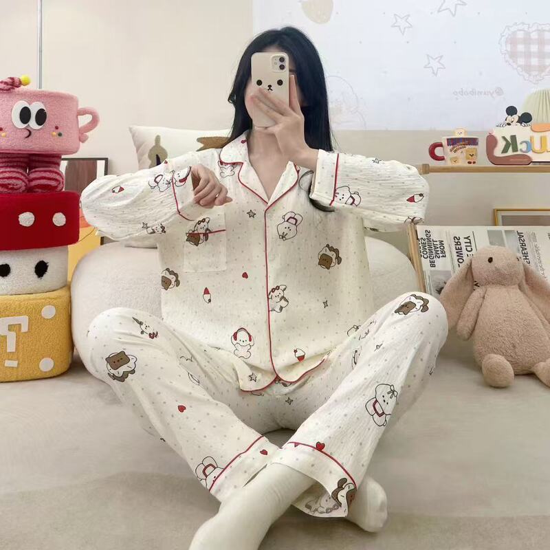 东南亚日韩跨境云朵棉睡衣女秋季印花翻领家居服套装可爱卡通新款|undefined