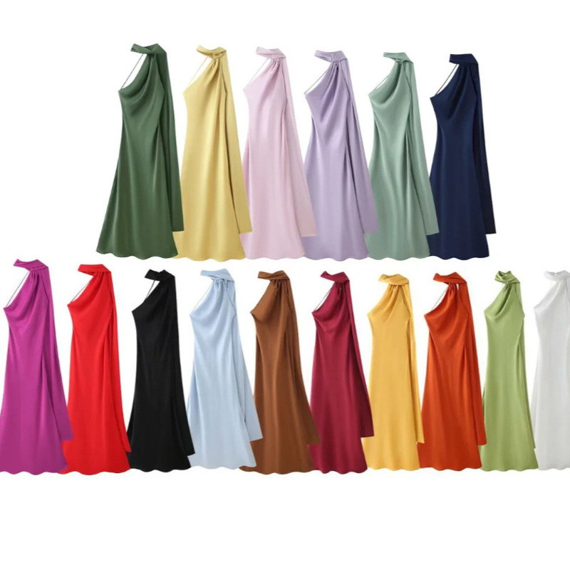 Cross-border European and American Women's AliExpress Explosions Silk Satin Texture Ribbon Halter dress