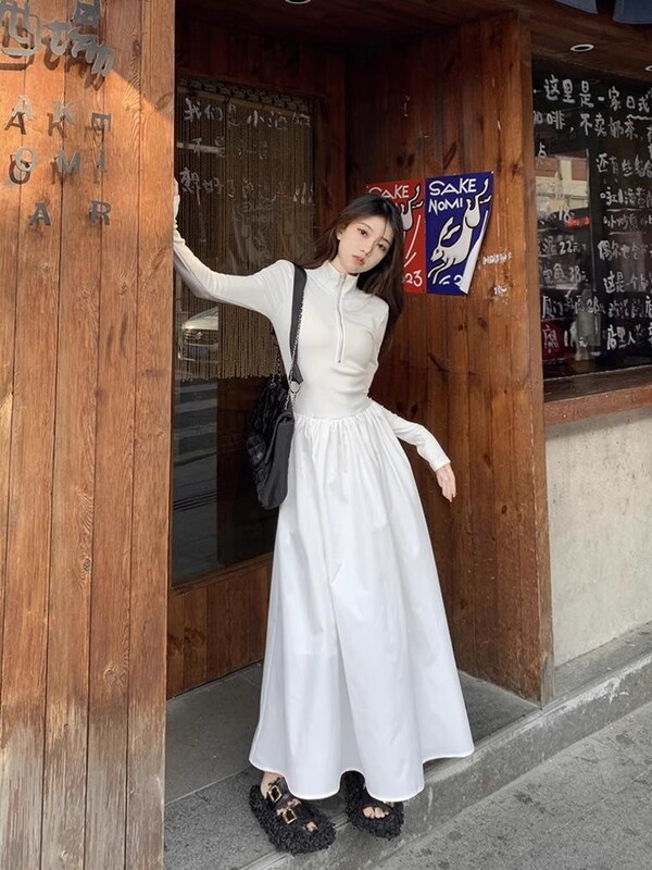 法式气质立领长袖拼接连衣裙女秋季收腰显瘦大摆裙气质A字长裙子|undefined