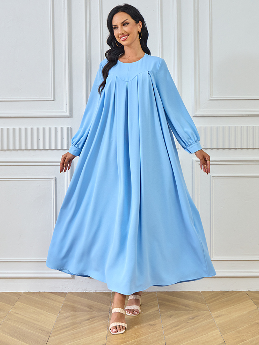 New Abaya Arab Cross-border Middle Eastern Muslim Robe Long-sleeved Solid Color Large Hem Dress Long Skirt Women's_ecoleips.com