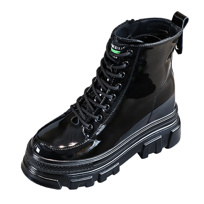 Boot nữ da sáng chế đế dày ống ngắn phong cách Anh — Màu đen